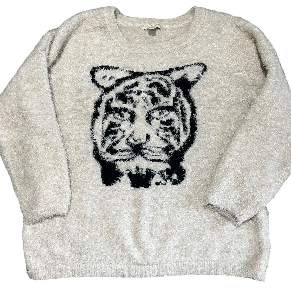 Love by Design Eyelash Knit Fuzzy Cozy Tiger Face Sweater Beige/Black Sz 2X - Picture 2 of 9